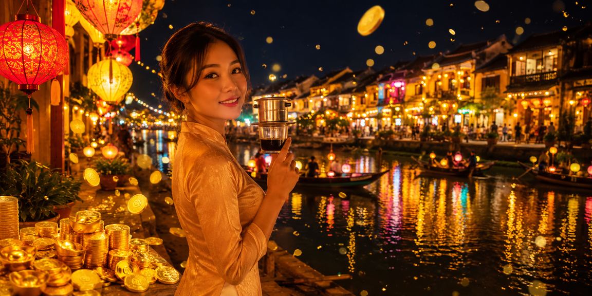 Người chơi nhận thưởng đăng ký tại Hội An bên ly cà phê buổi sáng